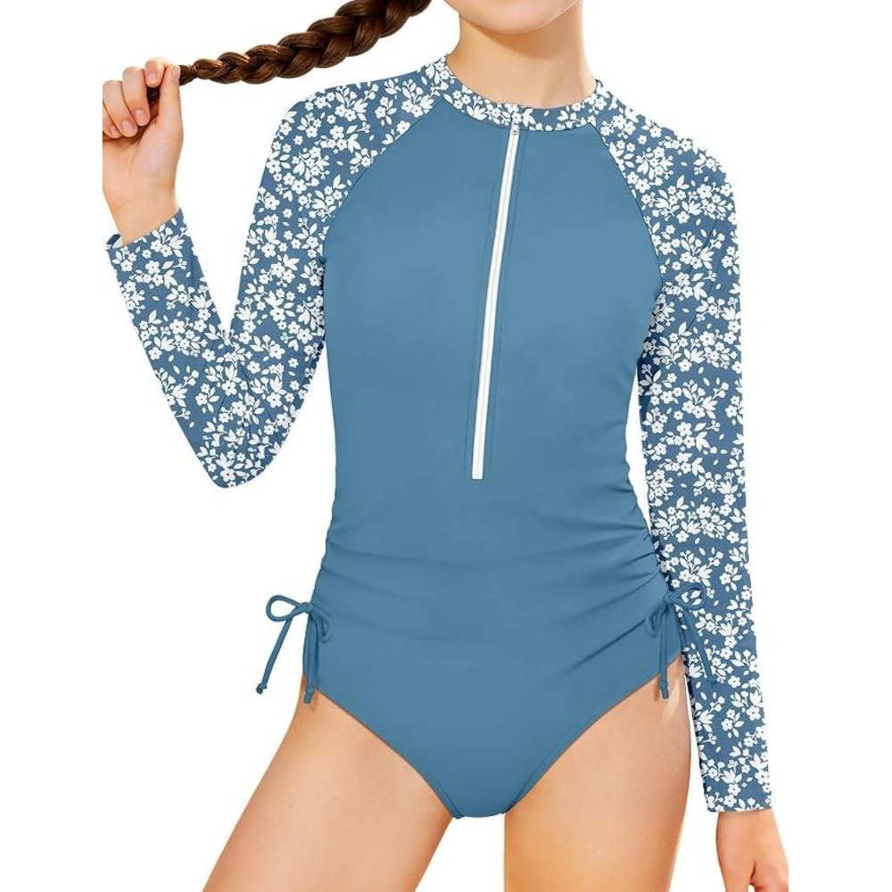 Girls Blue Floral Long Sleeve One Piece Rash Guard Swimsuit UPF 50+ Size 9-10Y